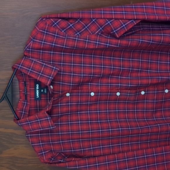 Lands' End No Iron Supima Red & Pink Plaid Long Sleeve Button Down Shirt Size 10 - Picture 2 of 5